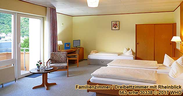 Familienzimmer / Dreibettzimmer mit Rheinblick. Urlaub in St. Goar am Rhein. Kurzurlaub gegenüber der Burg Katz bei Goarshausen, im Tal der Loreley, dem UNESCO-Welterbe Mittelrhein.