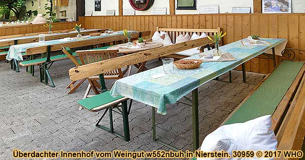 Überdachter Innenhof der Gutsschenke vom Weingut w552nbuh in Nierstein am Rhein.